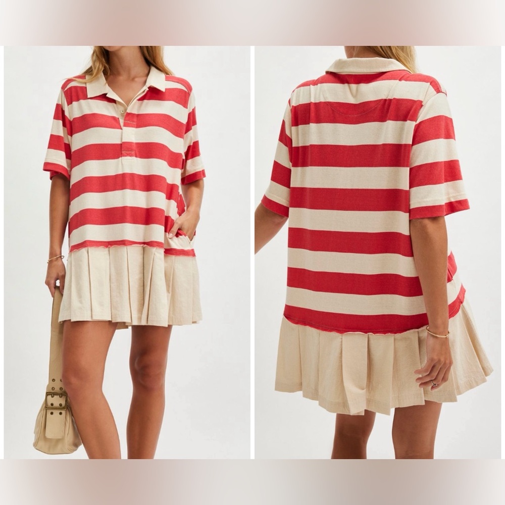 Free People Red and Cream Striped Polo Mini Dress